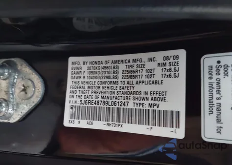 2009 Honda Cr-V Ex-L z USA, uszkodzony, nr VIN 5J6RE48789L061247